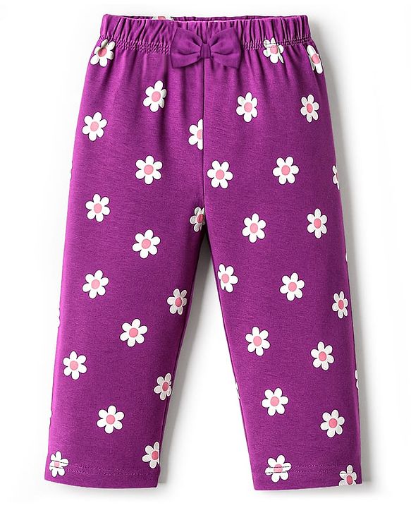 Babyhug Cotton Knit Full Sleeves Night Suit With Floral Print - Purple