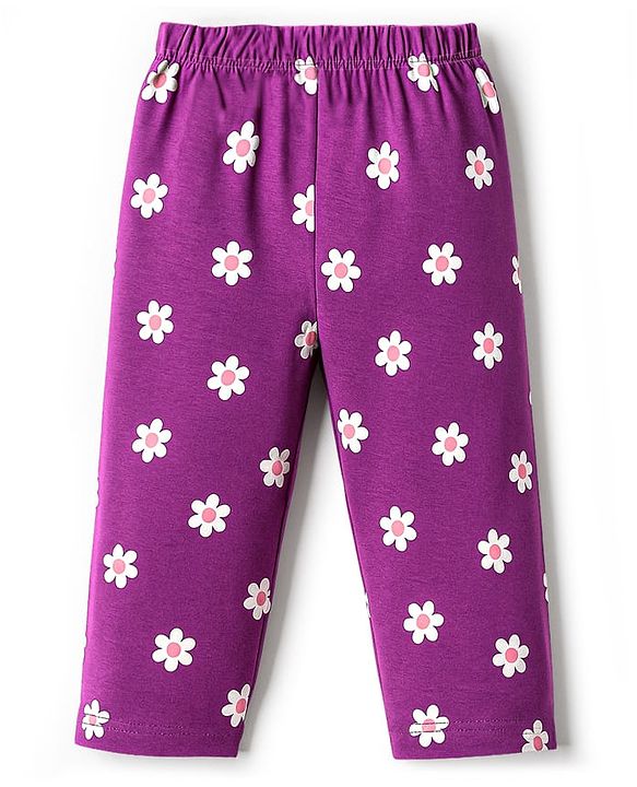 Babyhug Cotton Knit Full Sleeves Night Suit With Floral Print - Purple