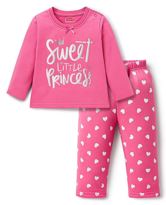 Babyhug Cotton Knit Full Sleeves Night Suit With Text & Heart Print - Pink