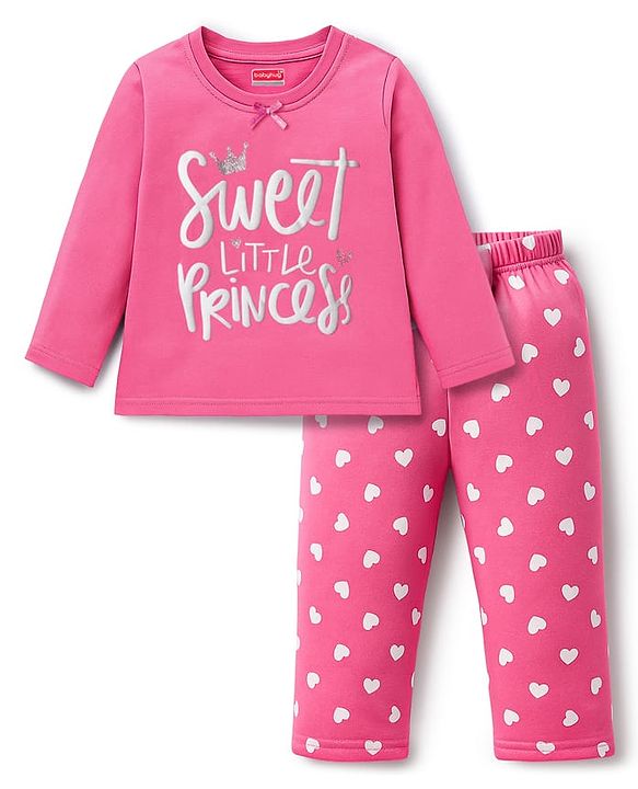 Babyhug Cotton Knit Full Sleeves Night Suit With Text & Heart Print - Pink