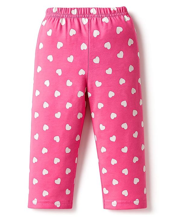 Babyhug Cotton Knit Full Sleeves Night Suit With Text & Heart Print - Pink