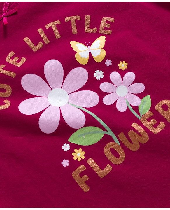 Babyhug Cotton Knit Full Sleeves Night Suit With Floral Print & Text Print - Maroon
