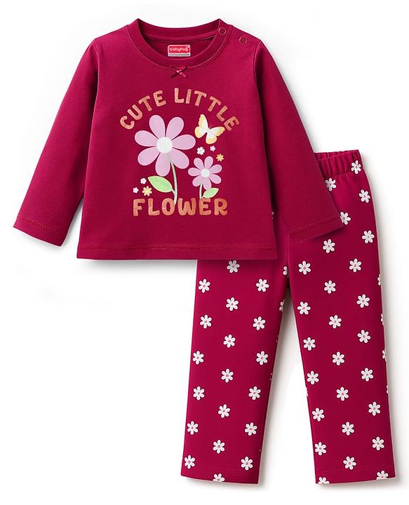 Babyhug Cotton Knit Full Sleeves Night Suit With Floral Print & Text Print - Maroon