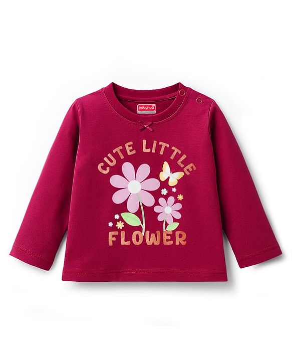 Babyhug Cotton Knit Full Sleeves Night Suit With Floral Print & Text Print - Maroon