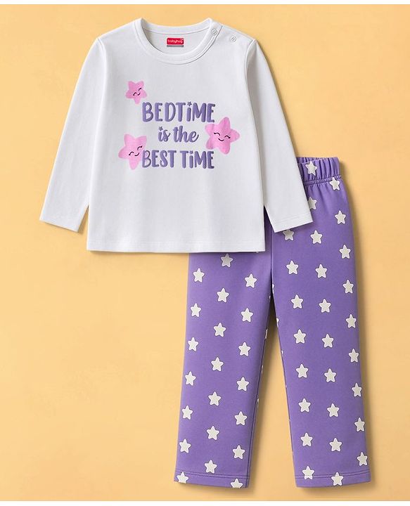 Babyhug Cotton Knit Full Sleeves Night Suit With Text Print - Lavender & White