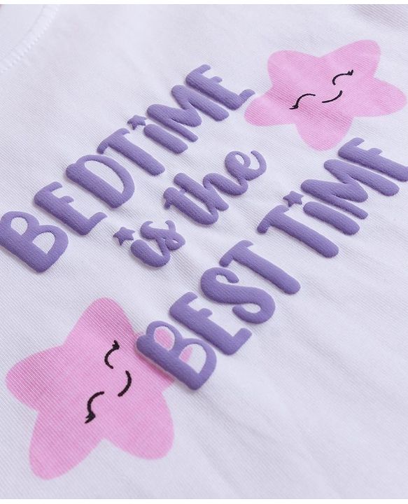 Babyhug Cotton Knit Full Sleeves Night Suit With Text Print - Lavender & White