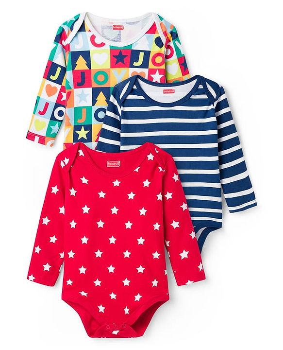 Babyhug 100% Cotton Knit Full Sleeves Striped Onesies with Star Print Pack of 3 - Multicolor