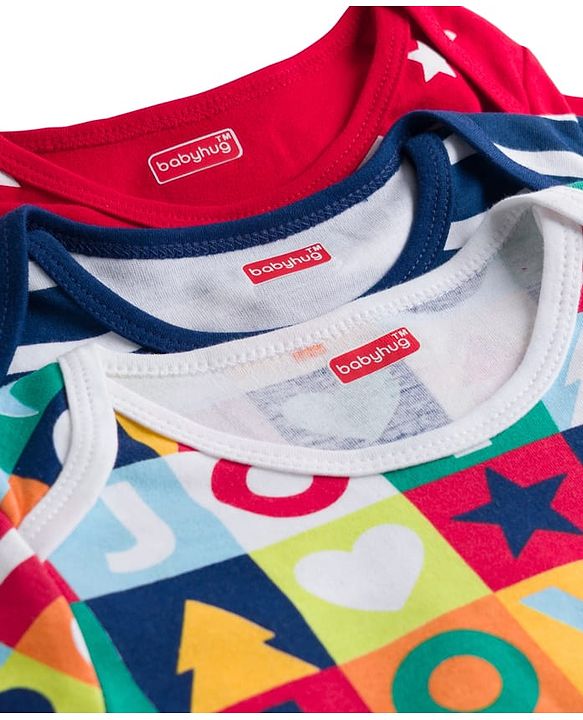 Babyhug 100% Cotton Knit Full Sleeves Striped Onesies with Star Print Pack of 3 - Multicolor