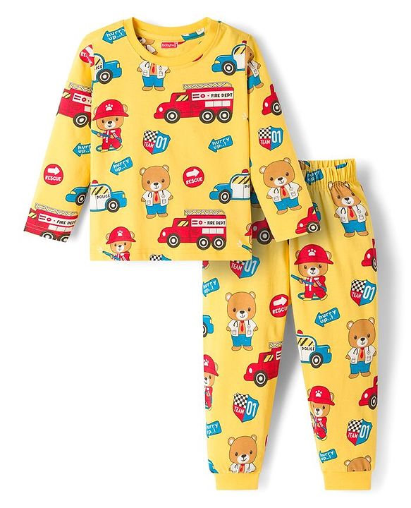 Babyhug Cotton Knit Full Sleeves Night Suit With Vehicle Print - Yellow