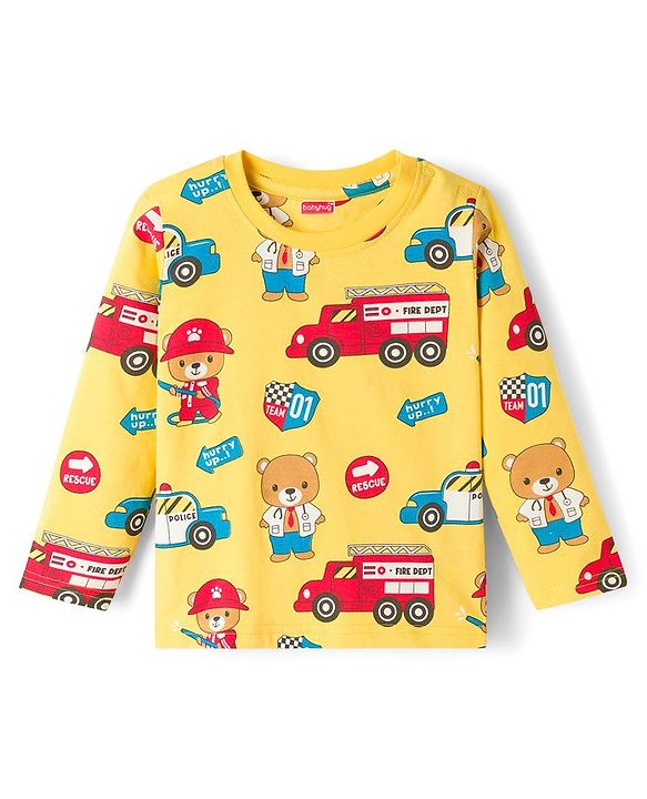 Babyhug Cotton Knit Full Sleeves Night Suit With Vehicle Print - Yellow