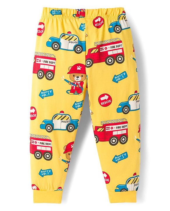 Babyhug Cotton Knit Full Sleeves Night Suit With Vehicle Print - Yellow