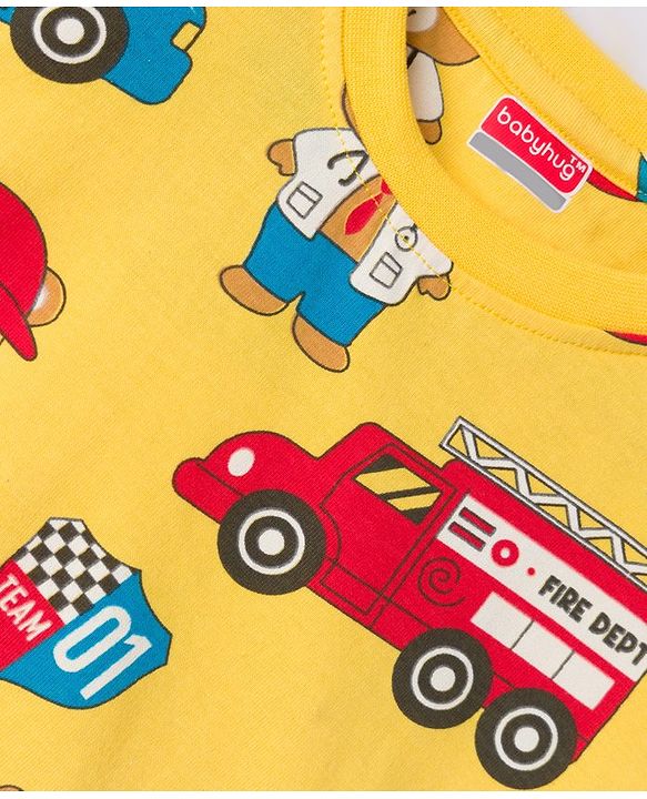 Babyhug Cotton Knit Full Sleeves Night Suit With Vehicle Print - Yellow