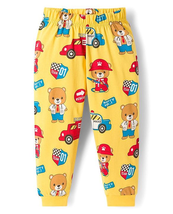 Babyhug Cotton Knit Full Sleeves Night Suit With Vehicle Print - Yellow