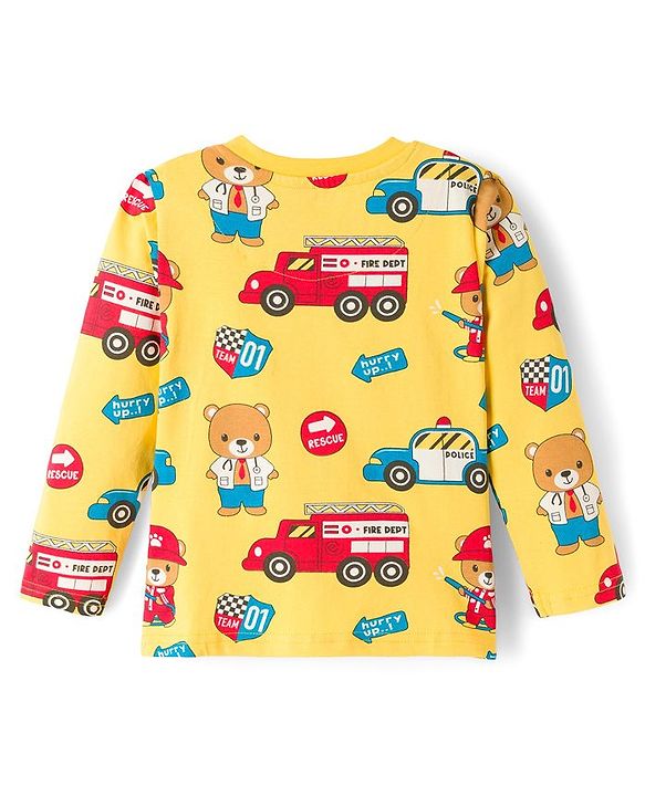 Babyhug Cotton Knit Full Sleeves Night Suit With Vehicle Print - Yellow