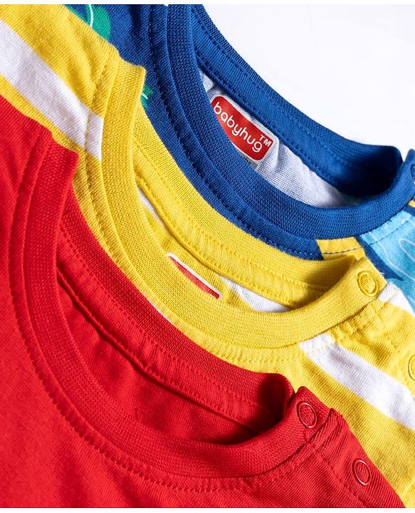 Babyhug 100% Cotton Single Jersey Knit Half Sleeves T-Shirt With Animal Print Pack Of 3 - Red Navy Blue & Yellow