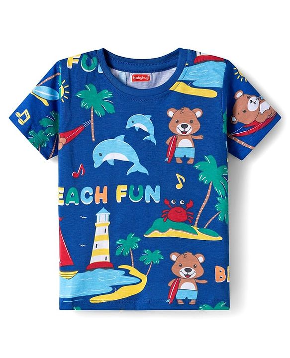 Babyhug 100% Cotton Single Jersey Knit Half Sleeves T-Shirt With Animal Print Pack Of 3 - Red Navy Blue & Yellow