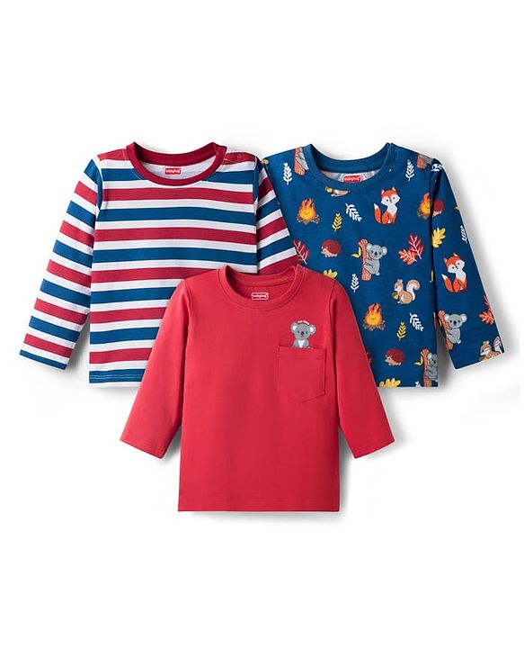 Babyhug 100 % Cotton Knit Full Sleeves T-Shirt with Stripes & Animal Print Pack of 3 - Red & Navy Blue