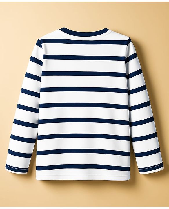 Babyhug 100% Cotton Knit Full Sleeves T-Shirt with Animal Embroidery & Stripes - Navy Blue & White