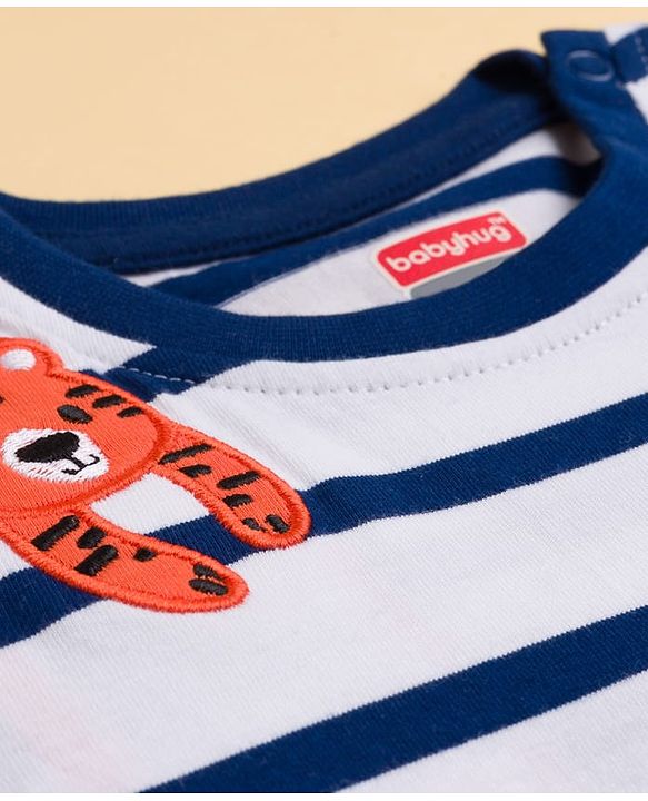 Babyhug 100% Cotton Knit Full Sleeves T-Shirt with Animal Embroidery & Stripes - Navy Blue & White