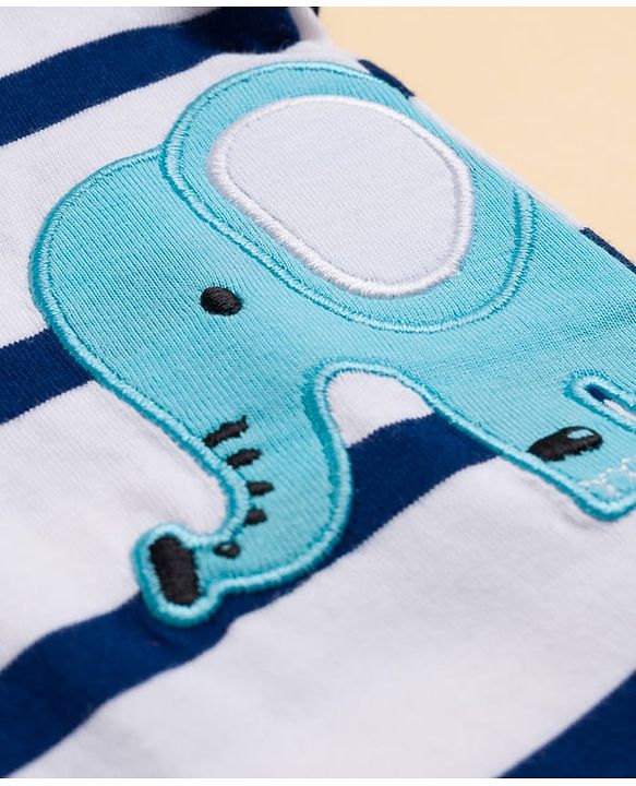 Babyhug 100% Cotton Knit Full Sleeves T-Shirt with Animal Embroidery & Stripes - Navy Blue & White
