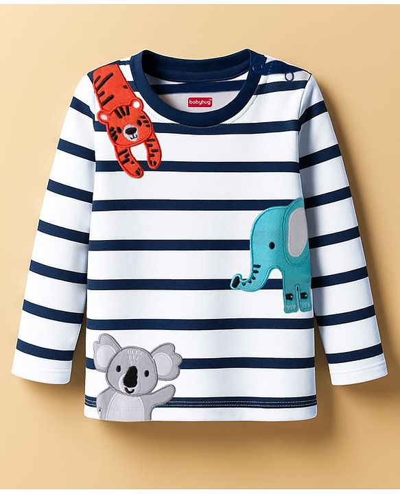 Babyhug 100% Cotton Knit Full Sleeves T-Shirt with Animal Embroidery & Stripes - Navy Blue & White