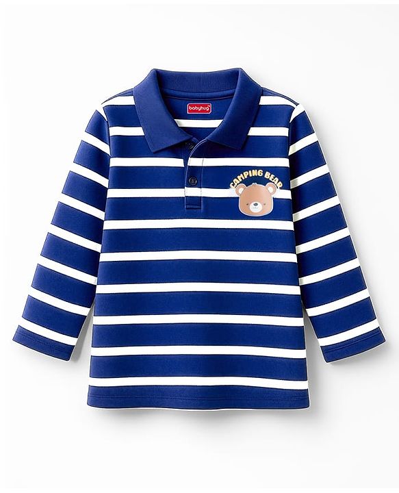 Babyhug 100% Cotton Knit Full Sleeves Striped Polo T-Shirt With Teddy Bear Print - Navy Blue