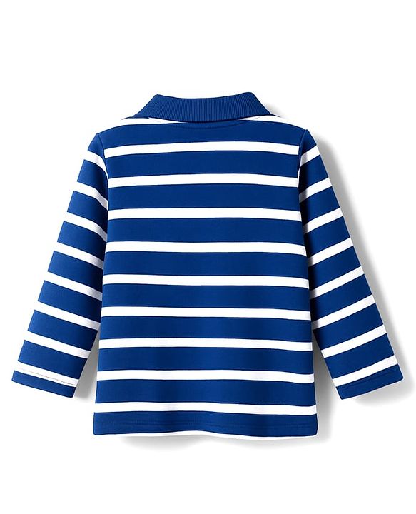 Babyhug 100% Cotton Knit Full Sleeves Striped Polo T-Shirt With Teddy Bear Print - Navy Blue