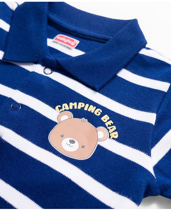 Babyhug 100% Cotton Knit Full Sleeves Striped Polo T-Shirt With Teddy Bear Print - Navy Blue