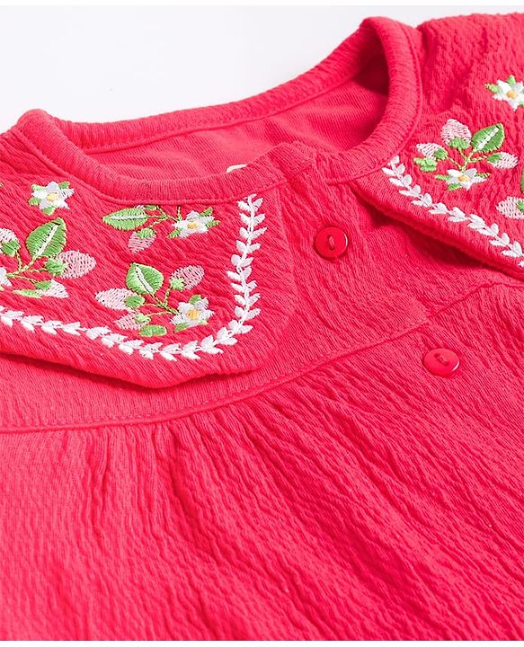 Babyhug 100% Cotton Knit Full Sleeves Top with Floral Embroidery - Red