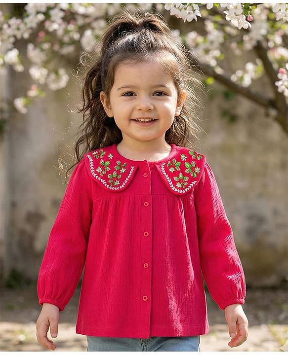 Babyhug 100% Cotton Knit Full Sleeves Top with Floral Embroidery - Red