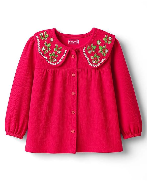 Babyhug 100% Cotton Knit Full Sleeves Top with Floral Embroidery - Red