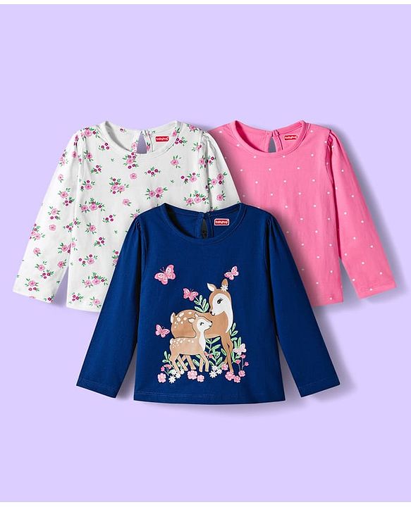 Babyhug 100% Cotton Single Jersey Knit Full Sleeves T-Shirt With Floral & Animal Print Pack Of 3 - Navy Blue Pink & White
