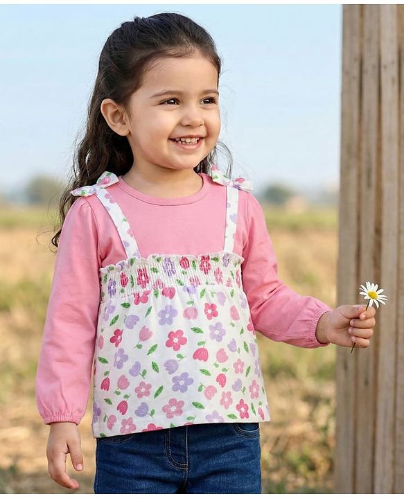Babyhug 100% Cotton Single Jersey Knit Full Sleeves Top With Floral Print - Pink & White