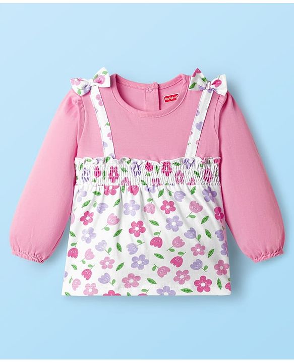 Babyhug 100% Cotton Single Jersey Knit Full Sleeves Top With Floral Print - Pink & White
