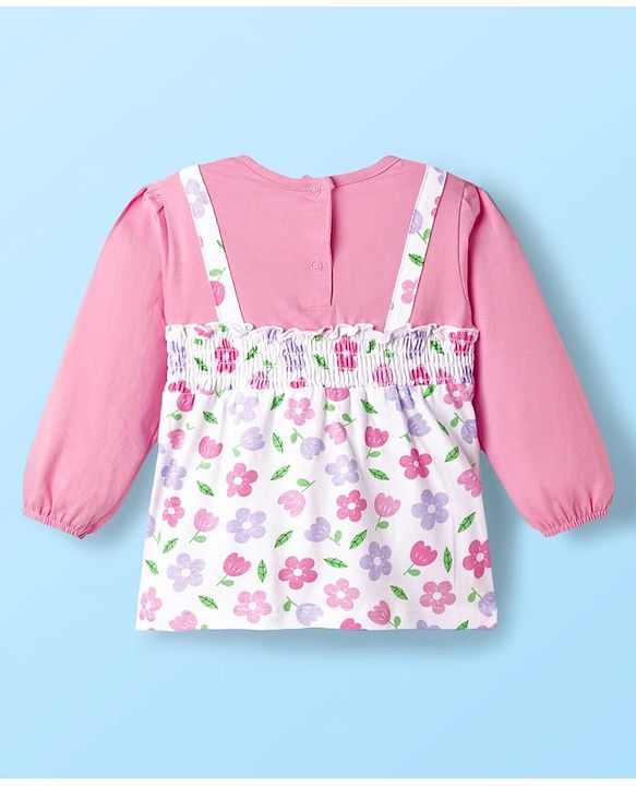 Babyhug 100% Cotton Single Jersey Knit Full Sleeves Top With Floral Print - Pink & White