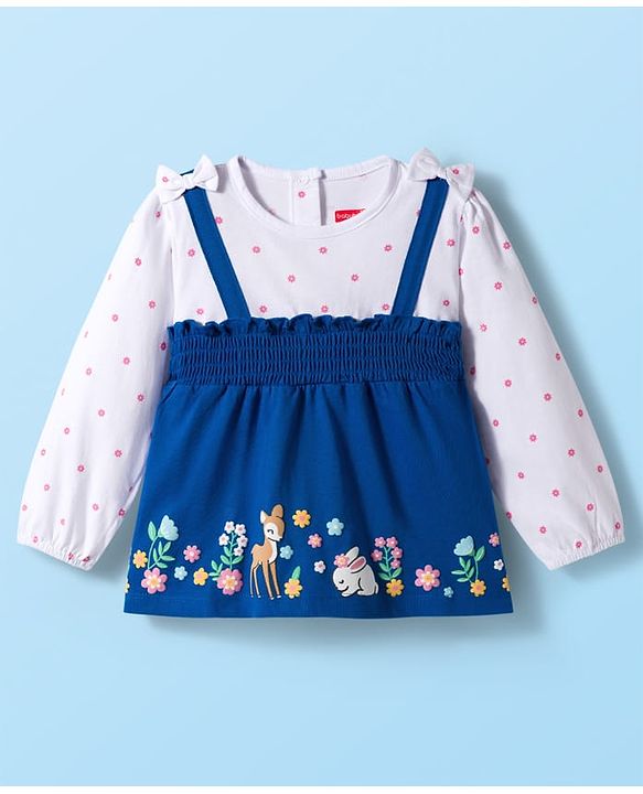 Babyhug 100% Cotton Full Sleeves Floral Printed Top with Bow Applique - Blue & White