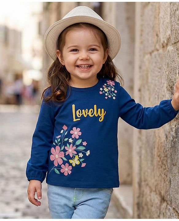 Babyhug Single Jersey Knit Full Sleeves Top With Floral Print - Navy Blue