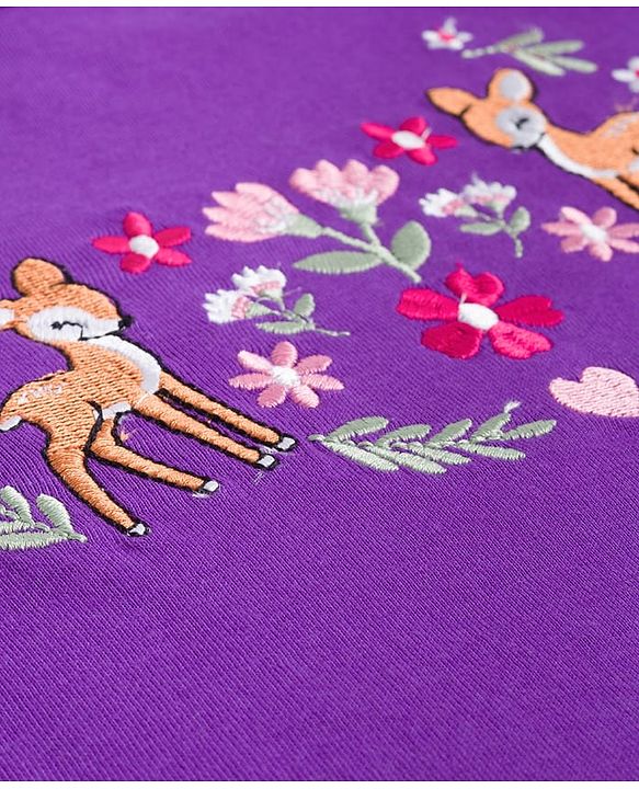 Babyhug 100% Cotton Knit Full Sleeves Top with Floral & Deer Embroidery - Purple