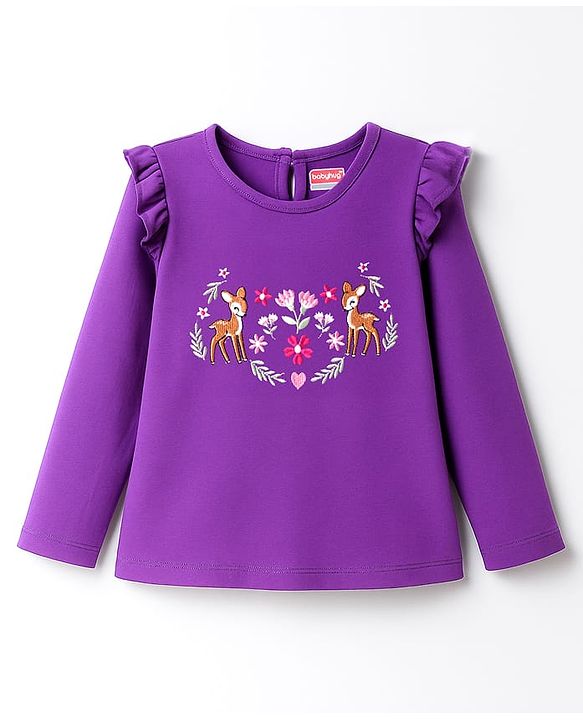Babyhug 100% Cotton Knit Full Sleeves Top with Floral & Deer Embroidery - Purple