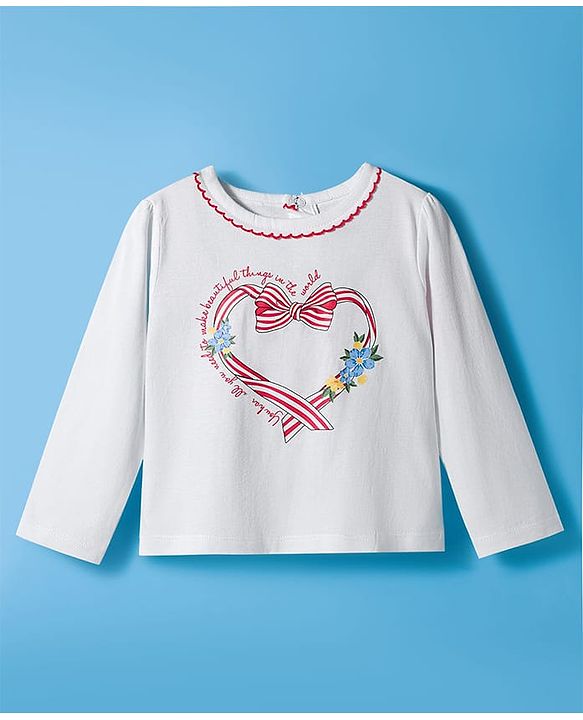 Babyhug 100% Cotton Knit Full Sleeves Top with Heart Print - White