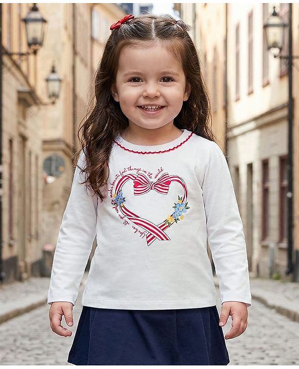 Babyhug 100% Cotton Knit Full Sleeves Top with Heart Print - White