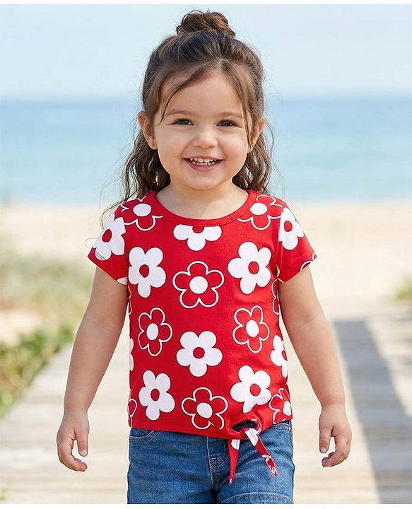 Babyhug 100% Cotton Knit Half Sleeves Top with Floral Print - Red