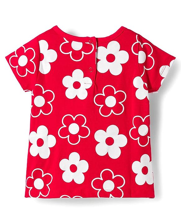 Babyhug 100% Cotton Knit Half Sleeves Top with Floral Print - Red