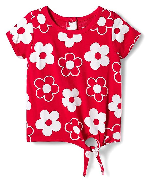 Babyhug 100% Cotton Knit Half Sleeves Top with Floral Print - Red