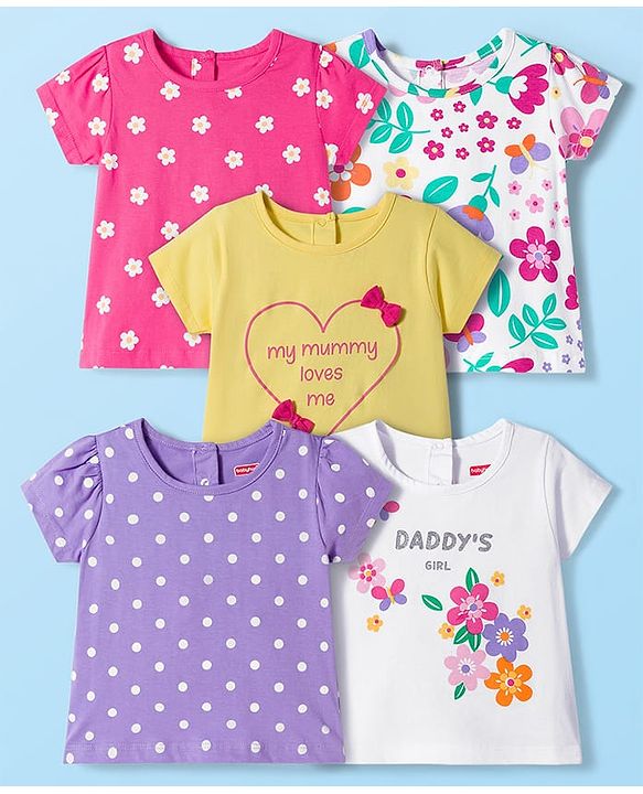 Babyhug 100% Cotton Knit Half Sleeves T-Shirts With Floral & Polka Dot Print Pack of 5 - Multicolor