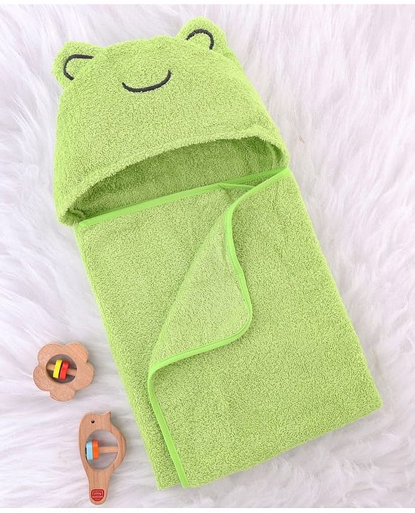 Babyhug Cotton Terry Woven Hooded Bath Towel with Froggo Print L 73 x B 73 cm - Light Green