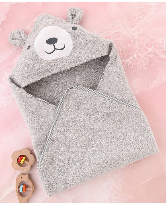 Babyhug Cotton Terry Woven Hooded Bath Towel with Bear Print L 73 x B 73 cm - Light Grey