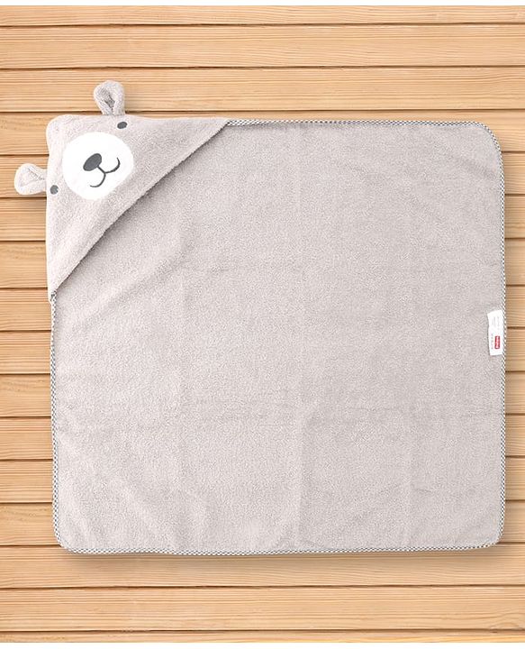 Babyhug Cotton Terry Woven Hooded Bath Towel with Bear Print L 73 x B 73 cm - Light Grey
