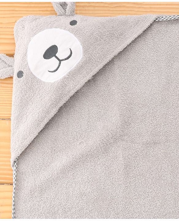 Babyhug Cotton Terry Woven Hooded Bath Towel with Bear Print L 73 x B 73 cm - Light Grey