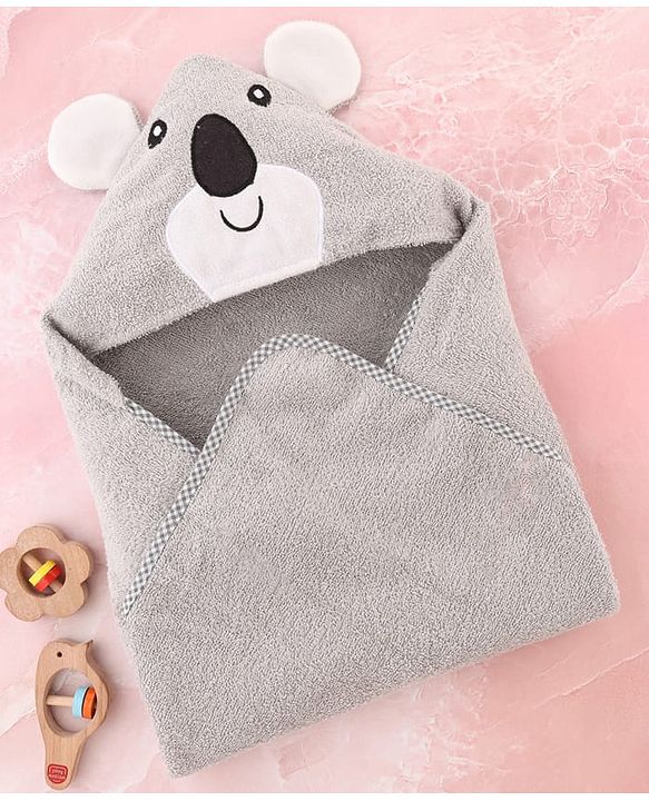 Babyhug Cotton Terry Woven Hooded Bath Towel with Koala Print L 73 x B 73 cm - Light Grey